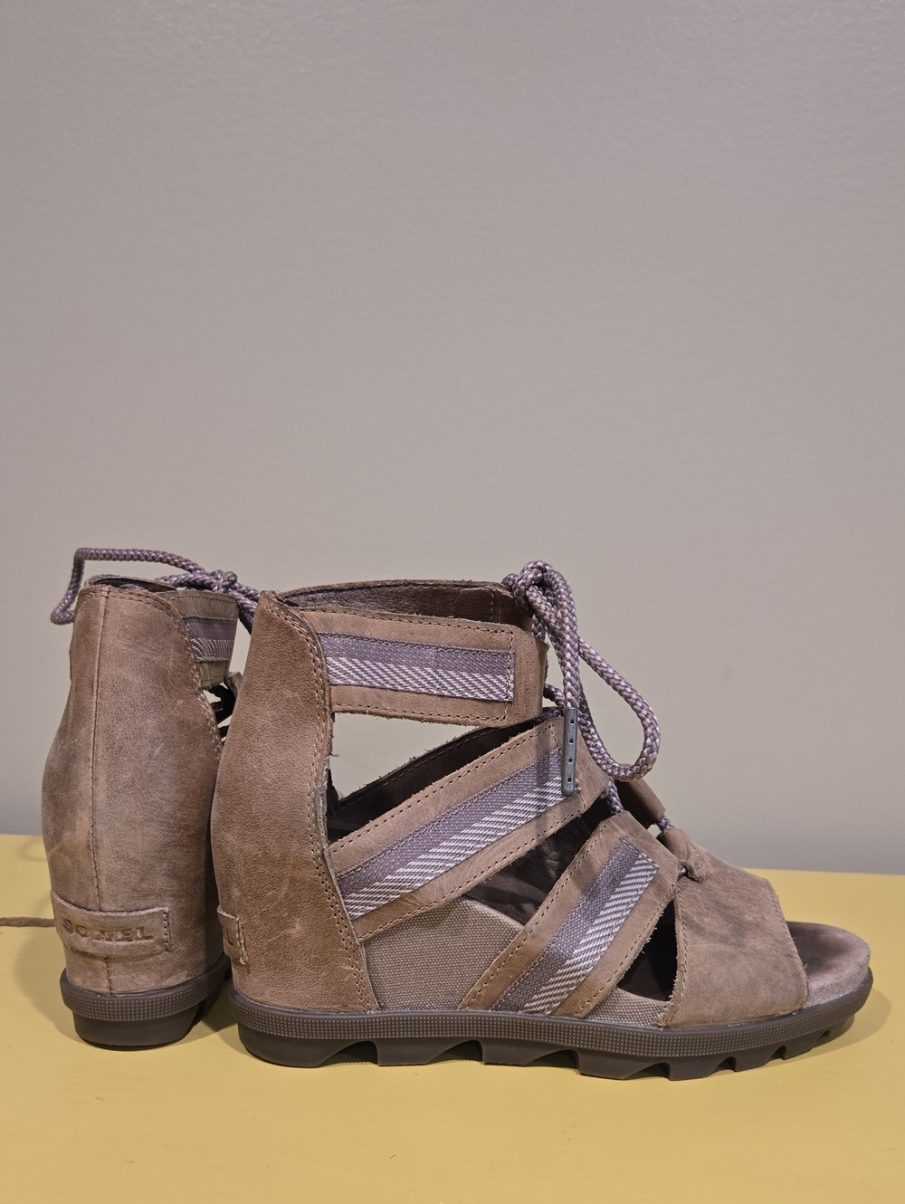 Sorel Taupe Suede Lace-Up Wedge Sandals